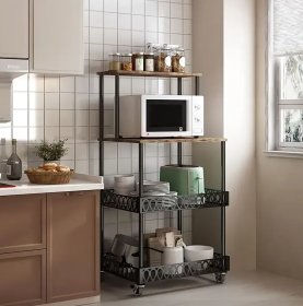 4 Tier Kitchen Baker Rack Coffee Bar Station Microwave Oven Stand Rustic Brown Storage Shelf for Spices Pots Pans Utility Organizer Freestanding