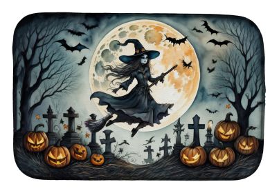 Flying Witch Spooky Halloween Dish Drying Mat Absorbent Dish Drying Mat Pad for Kitchen Counter Dish Drainer Mat for Countertop, 14 x 21", Multicolor